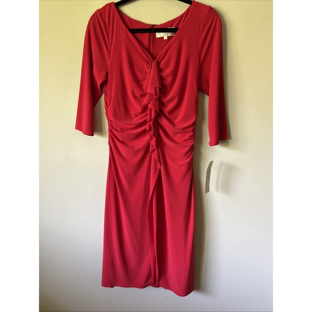 Mikael Aghal Womens Red Jersey V Neck Dress Size 6 3/4 Sleeves Dance Career